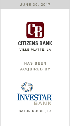 Citzens Bank has been acquired by Investar Bank.