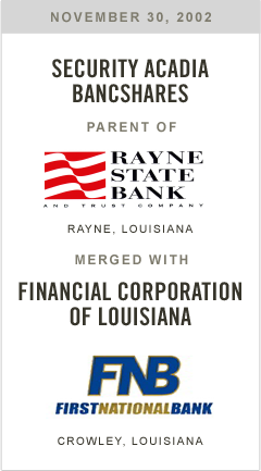 Security Acadia Bancshares, parent of Rayne State Bank, merged withFinancial Corporation of Louisiana, parent of First Bank