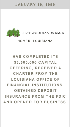 First Woodlands Bank has completed its $3,500,000 capital offering, received a charter from the Louisiana office of Financial Institutions, obtained deposit insurance from the FDIC and opened for business.
